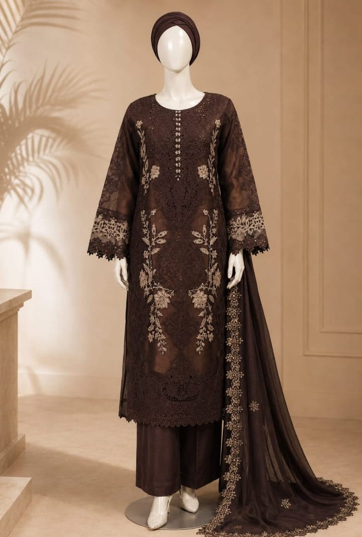 Deep Chocolate Brown Embroidered Cutwork Suit