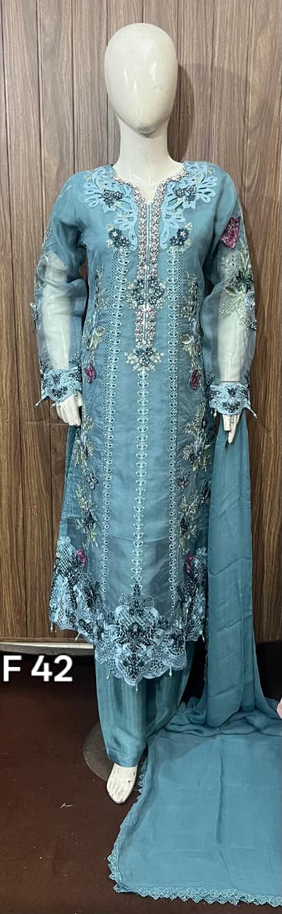 Sea Green Embellished Cutwork Suit