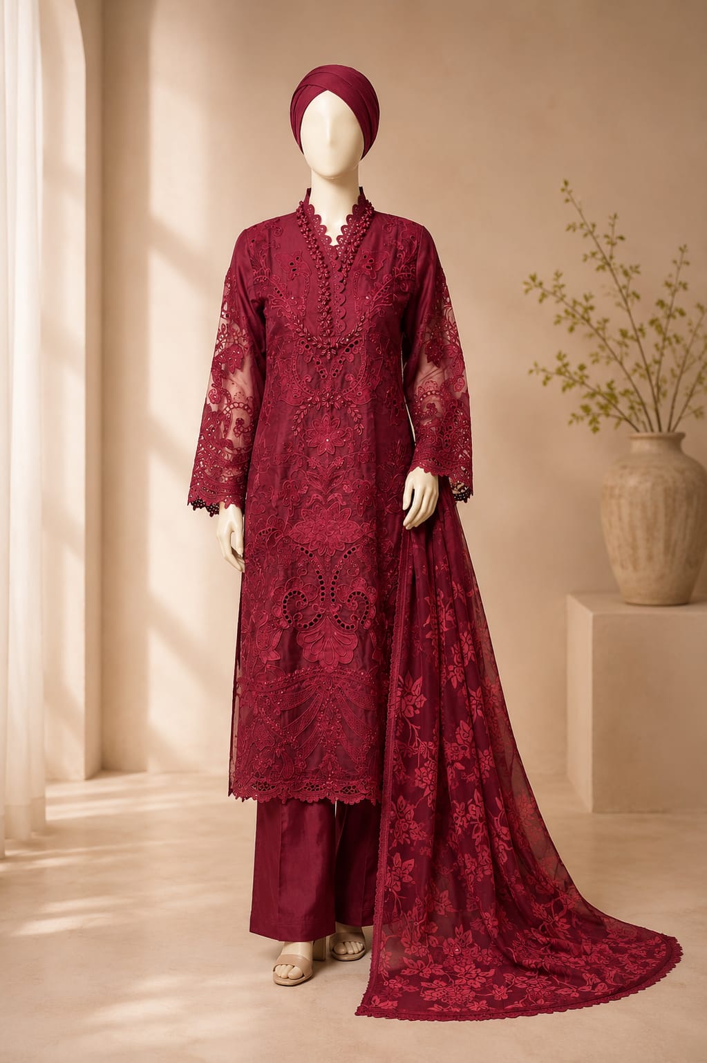Maroon Embroidered Cutwork Suit