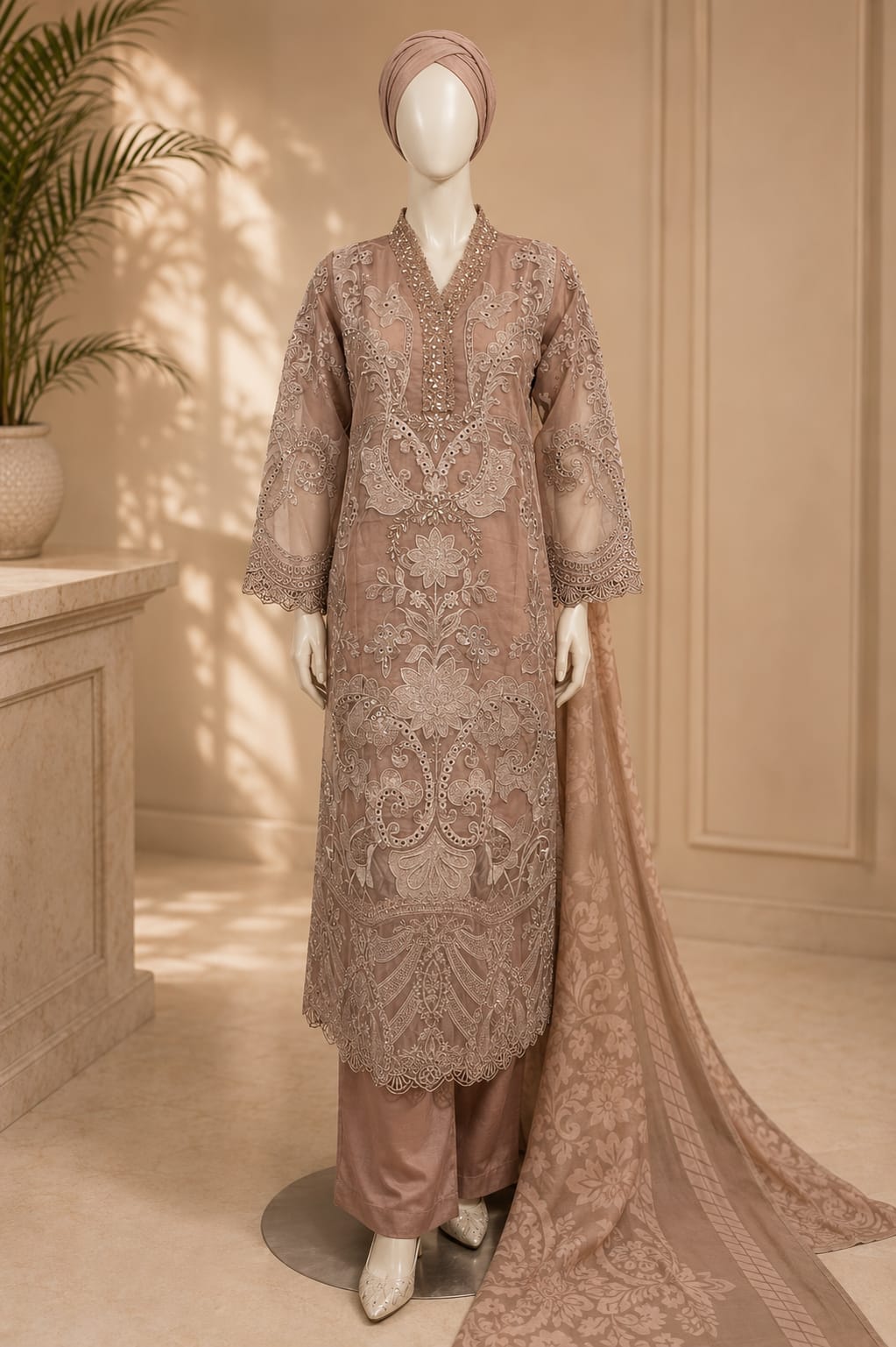 Dusty Rose Embroidered Cutwork Suit