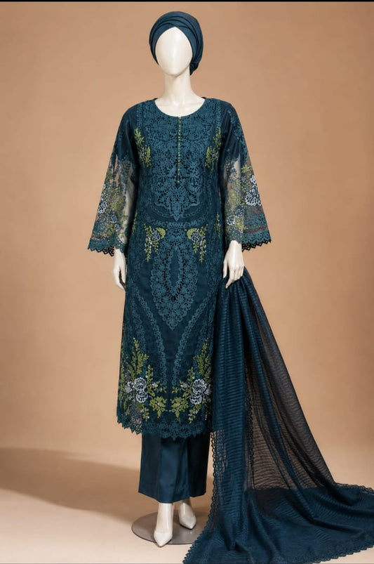Teal Blue Embroidered Cutwork Suit