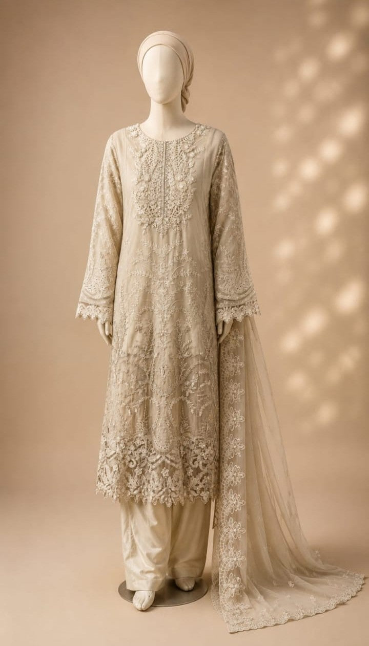 Champagne Beige Hand-Embellished Cutwork Suit