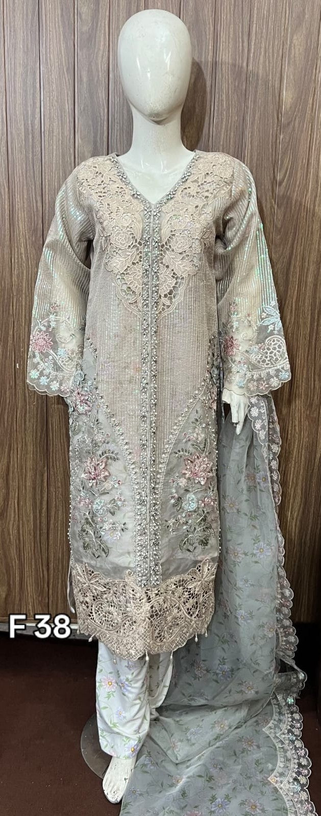Pastel Champagne Embellished Cutwork Suit