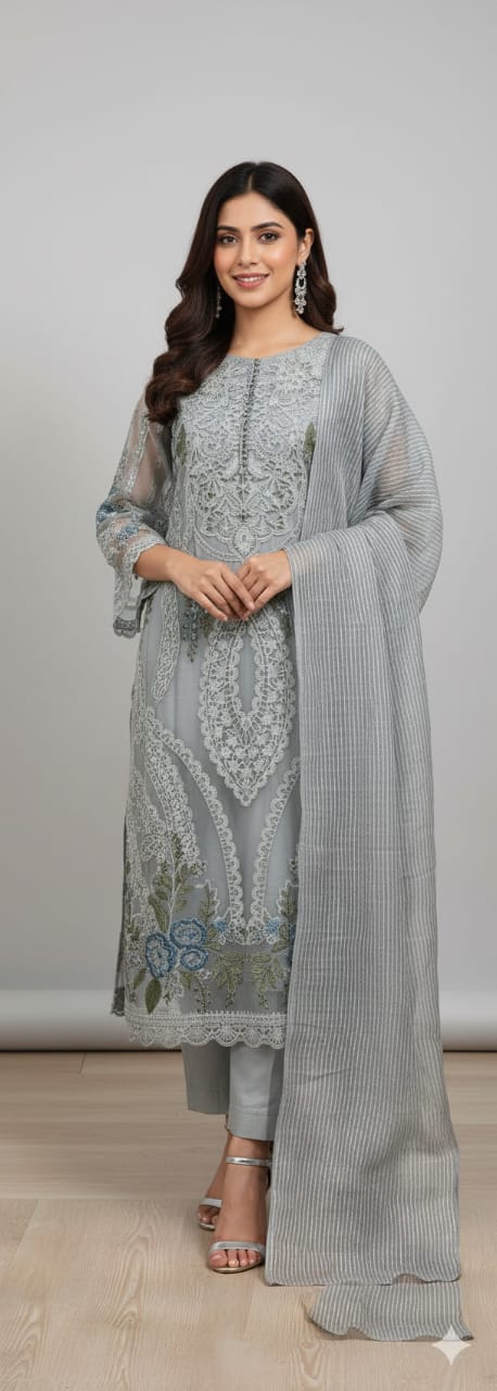 Slate Grey Embroidered Cutwork Suit