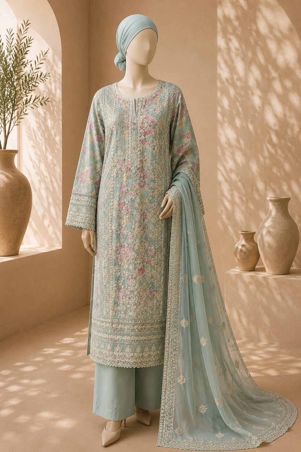 Ice Blue Floral Embroidered Suit