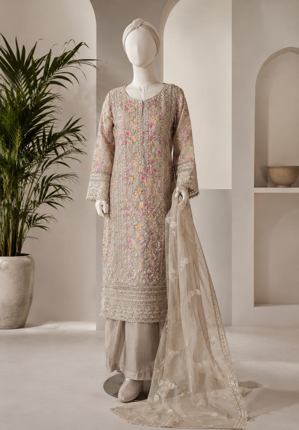 Beige Floral Embroidered Suit